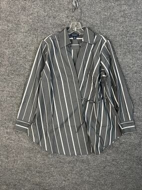 Studio Park Wrap Shirt Womens Small Gray Striped Collar Classic Corporate Office